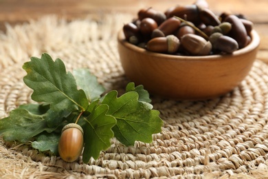 Photo of Oak branch with acorn and green leaves on wicker mat