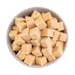 Photo of Brown sugar cubes in bowl isolated on white, top view