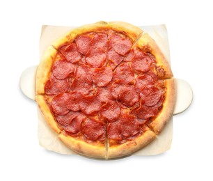 Tasty pepperoni pizza isolated on white, top view