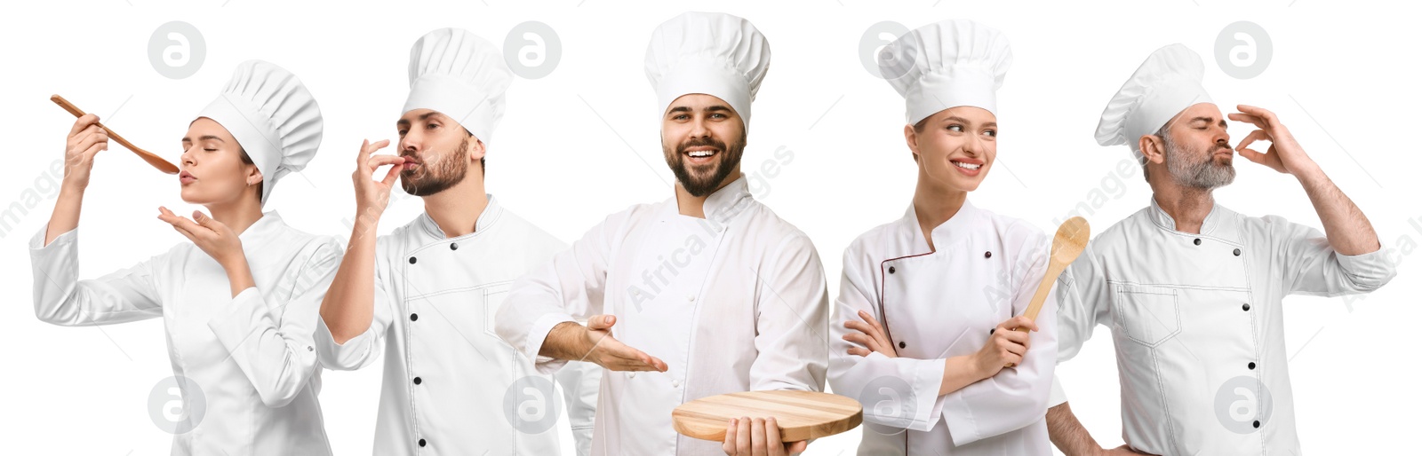 Image of Chefs in uniforms on white background, set with photos