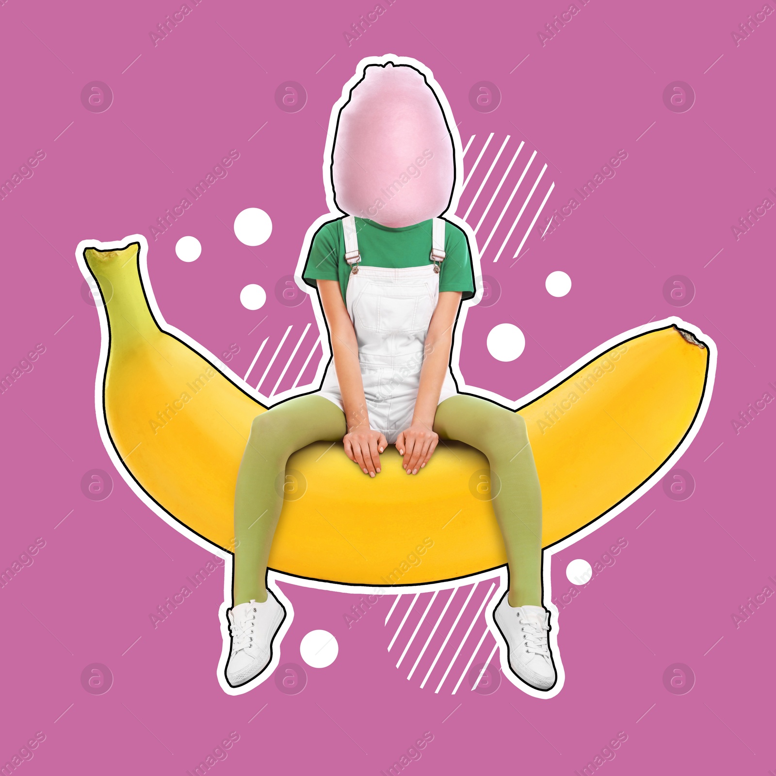 Image of Cotton candy woman sitting on banana against pink background. Summer party concept. Stylish creative collage design