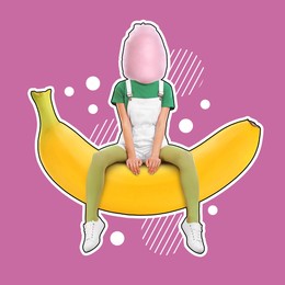 Image of Cotton candy woman sitting on banana against pink background. Summer party concept. Stylish creative collage design