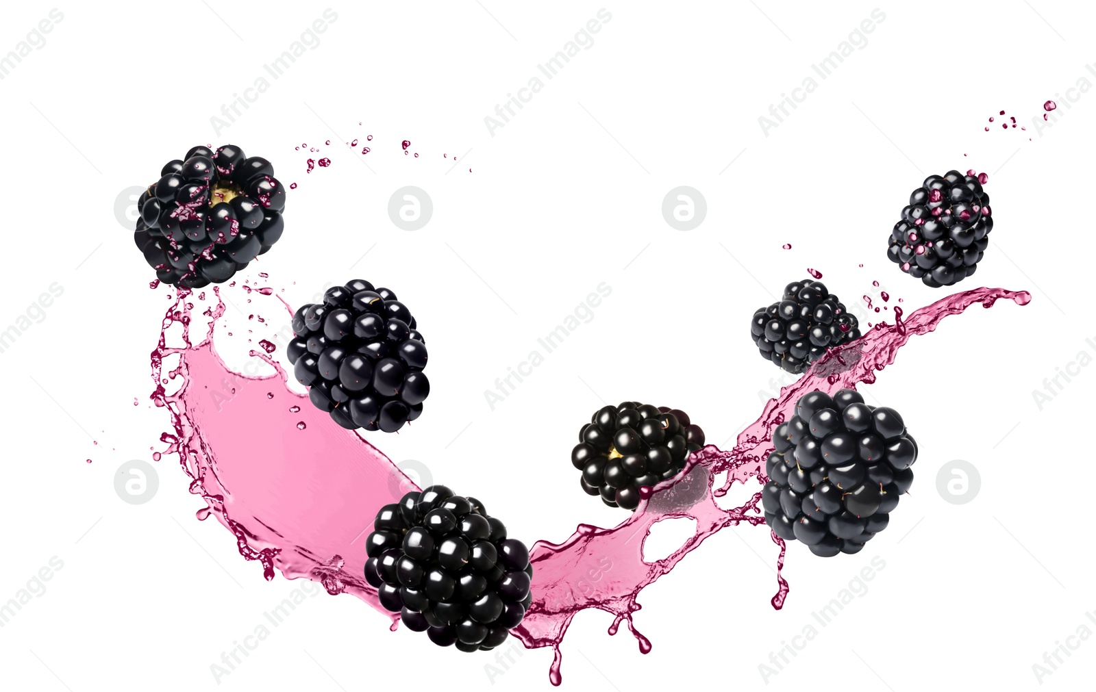 Image of Fresh blackberries and juice in air on white background