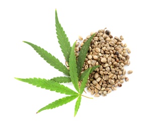 Photo of Leaves and seeds of medical hemp on white background, top view