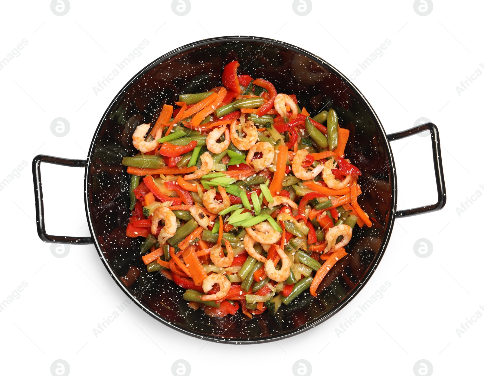 Photo of Shrimp stir fry with vegetables in wok on white background, top view