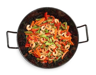 Photo of Shrimp stir fry with vegetables in wok on white background, top view