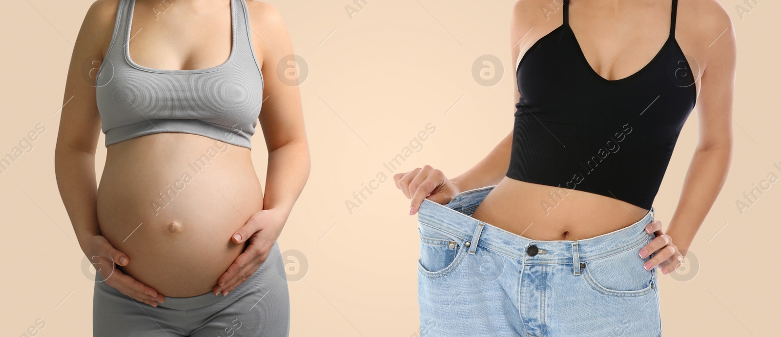 Image of Woman before and after childbirth on beige background, closeup view of belly. Collage