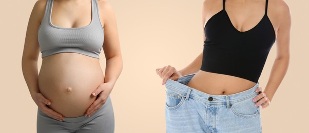 Image of Woman before and after childbirth on beige background, closeup view of belly. Collage