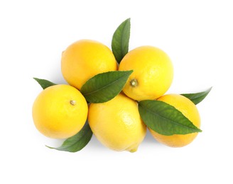 Photo of Fresh ripe lemons with leaves on white background, top view
