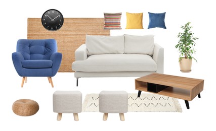 Image of Stylish interior design. Different decorative elements and furniture on white background. Mood board collage