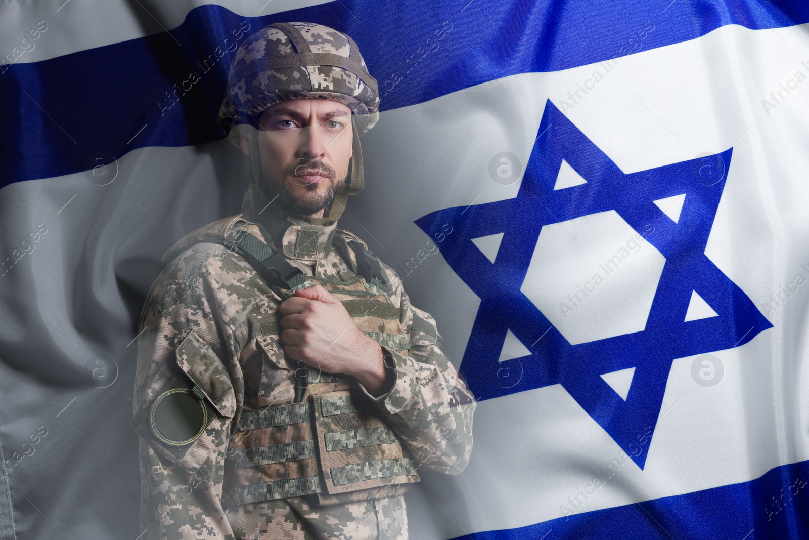 Image of Military and flag of Israel, double exposure