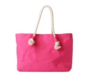 Stylish bright bag on white background. Beach accessory