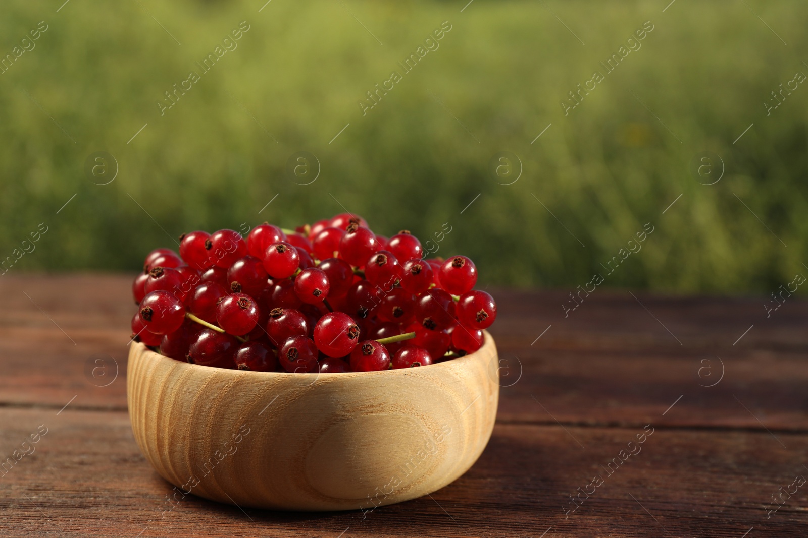 Photo of Fresh ripe red currant in bowl on wooden table outdoors. Space for text