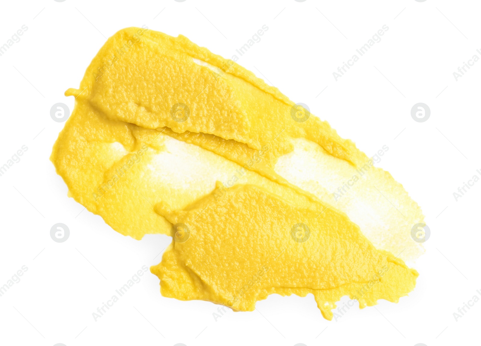 Photo of Tasty mustard isolated on white, top view. Spicy sauce