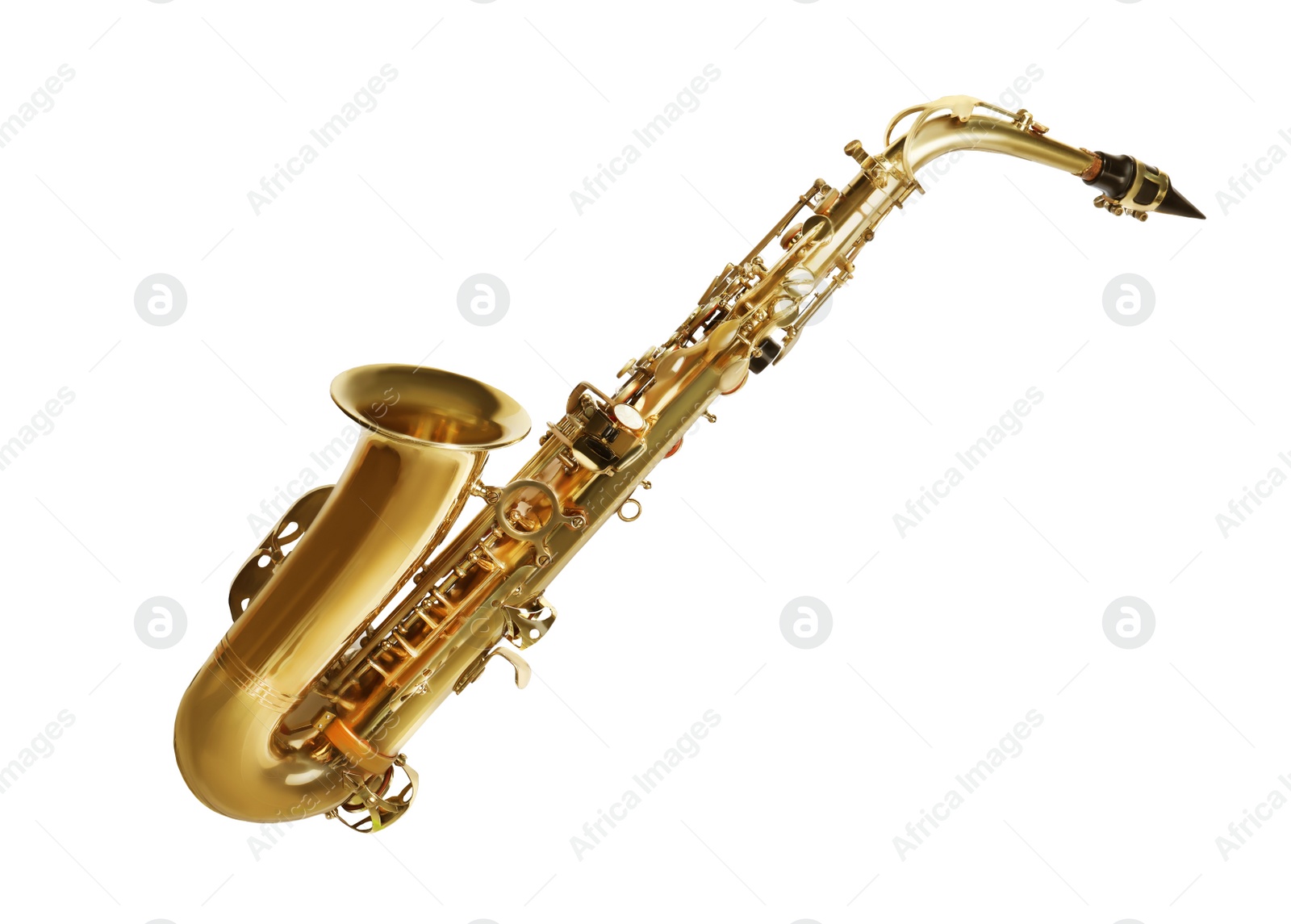 Photo of Beautiful saxophone isolated on white. Musical instrument