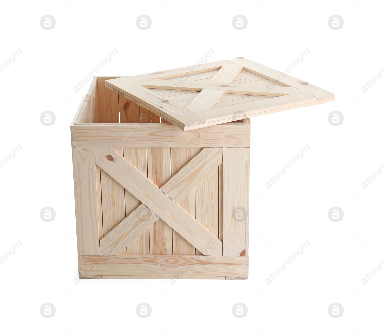 Photo of Open wooden crate with lid isolated on white