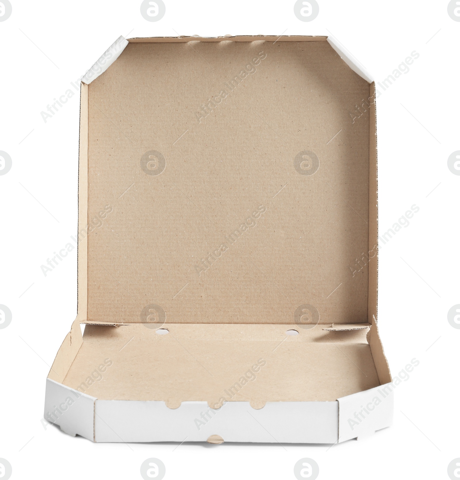 Photo of Open cardboard pizza box on white background