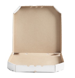 Photo of Open cardboard pizza box on white background