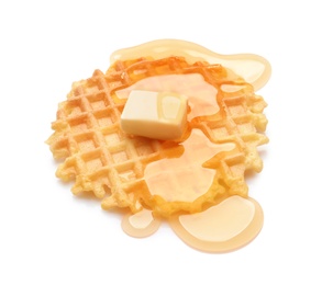 Photo of Delicious waffle with butter and honey on white background