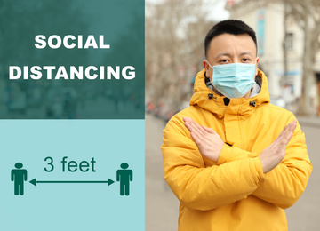 Image of Asian man wearing mask outdoors. Social distancing during coronavirus outbreak