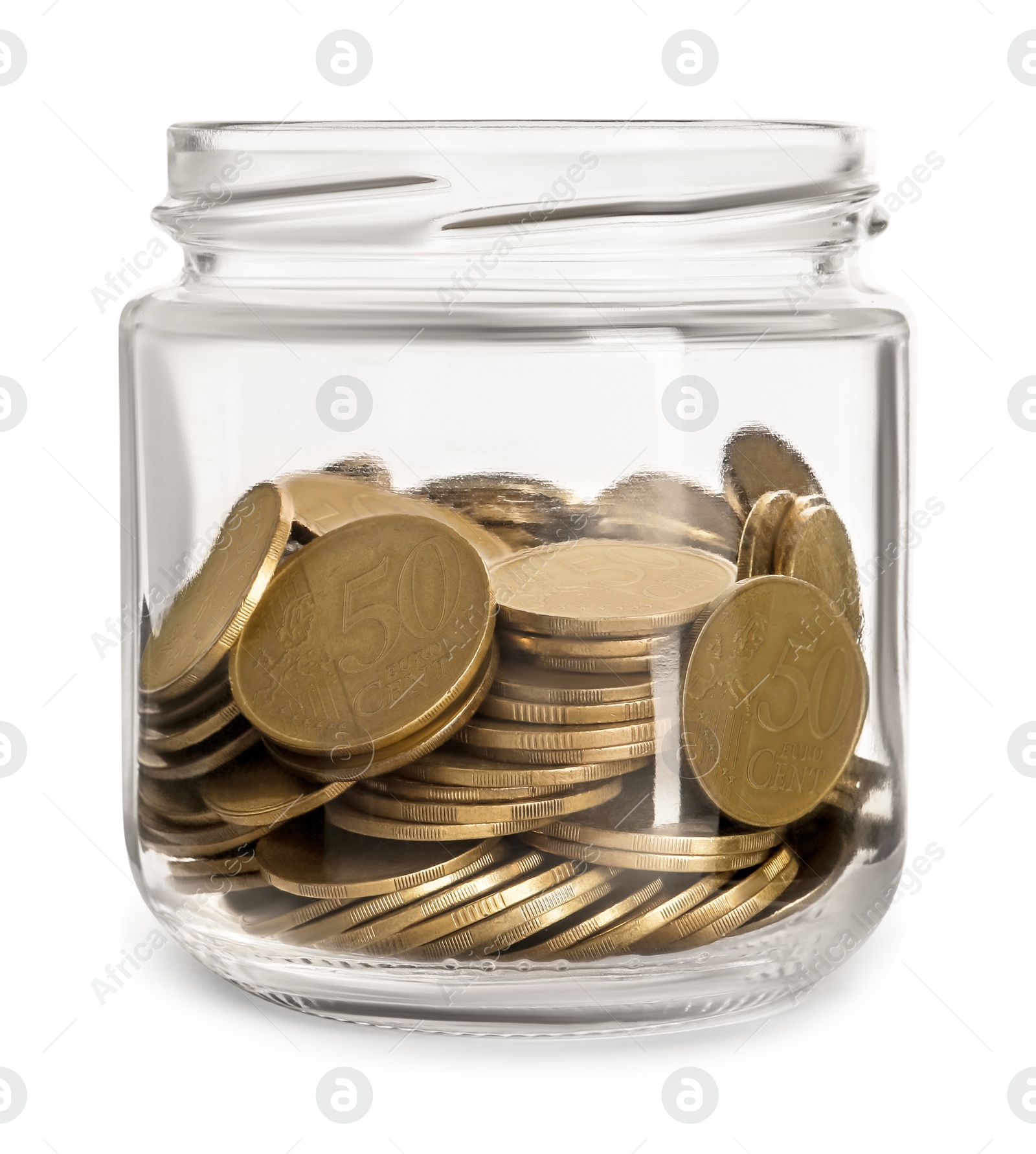 Photo of Glass jar with coins isolated on white