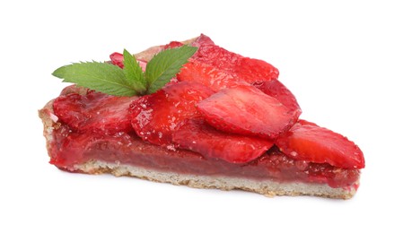 Photo of Piece of delicious strawberry tart with mint isolated on white