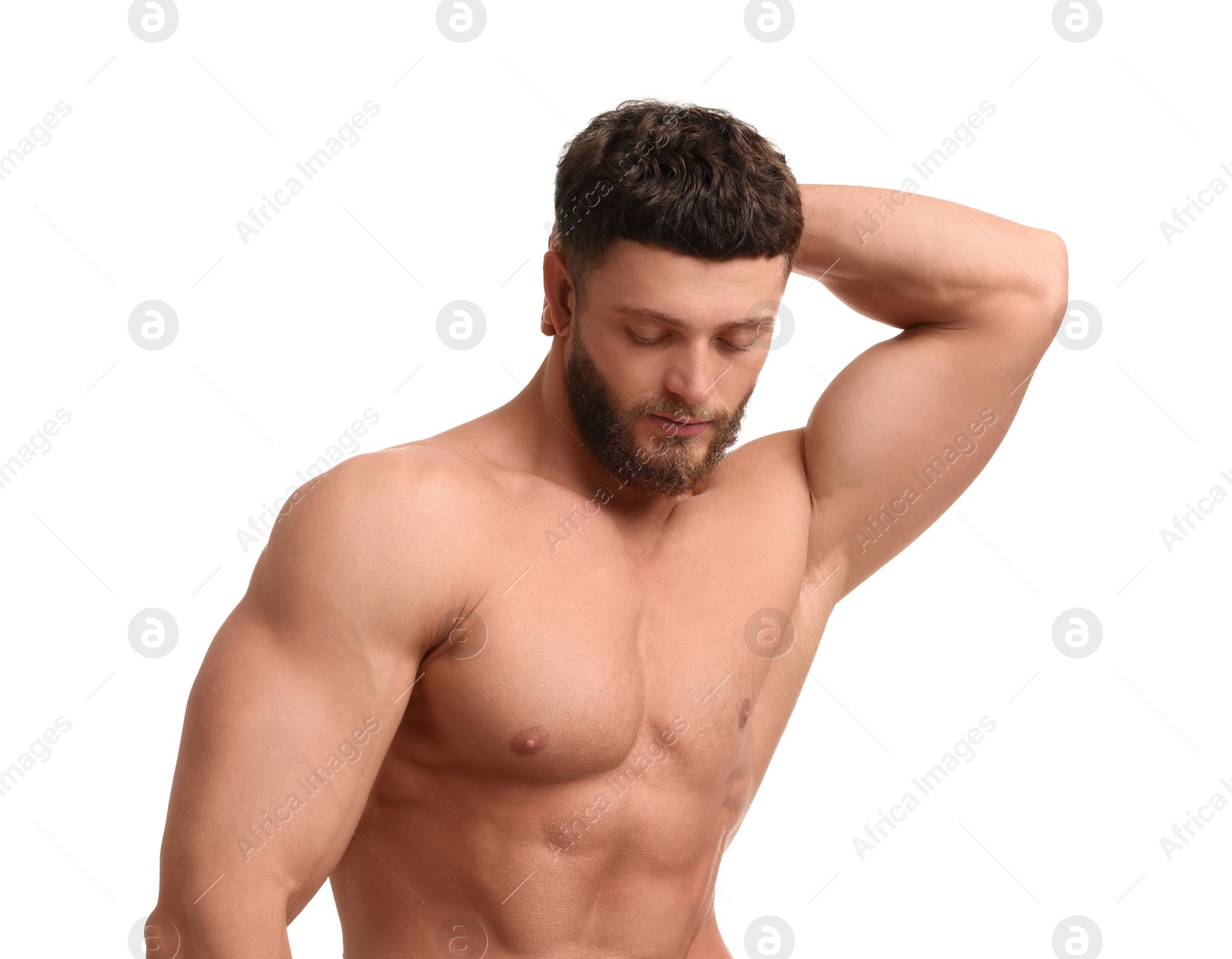 Photo of Handsome muscular man isolated on white. Sexy body