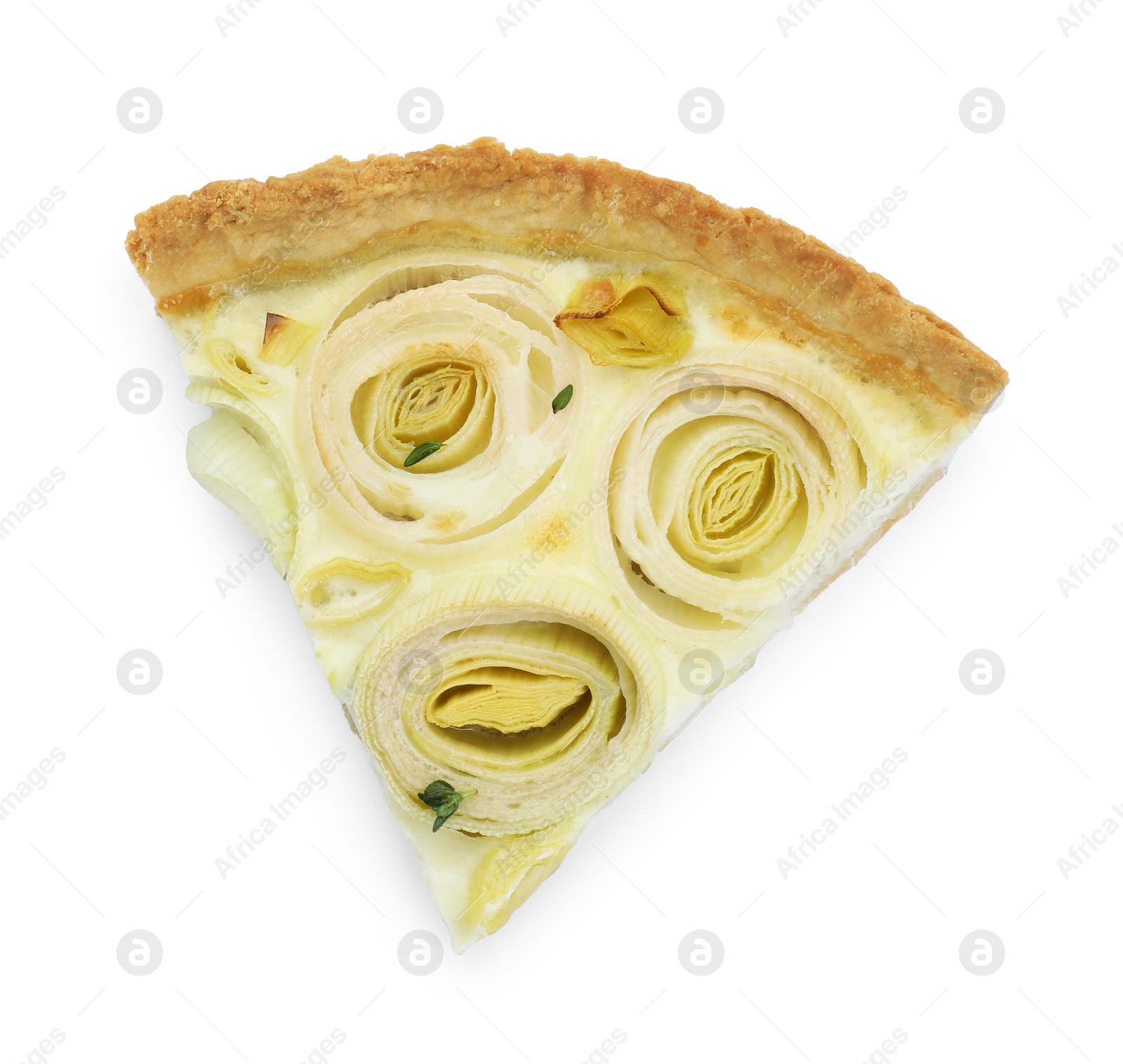 Photo of Piece of tasty leek pie isolated on white, top view