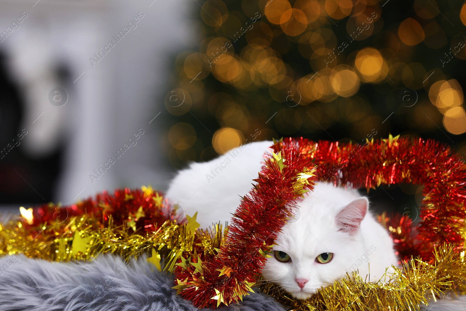 Photo of Cute cat with Christmas tinsel lying on fur rug in cosy room. Space for text