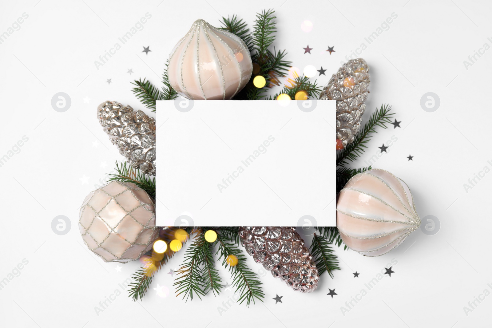 Photo of Beautiful Christmas decor and blank card on white background, flat lay