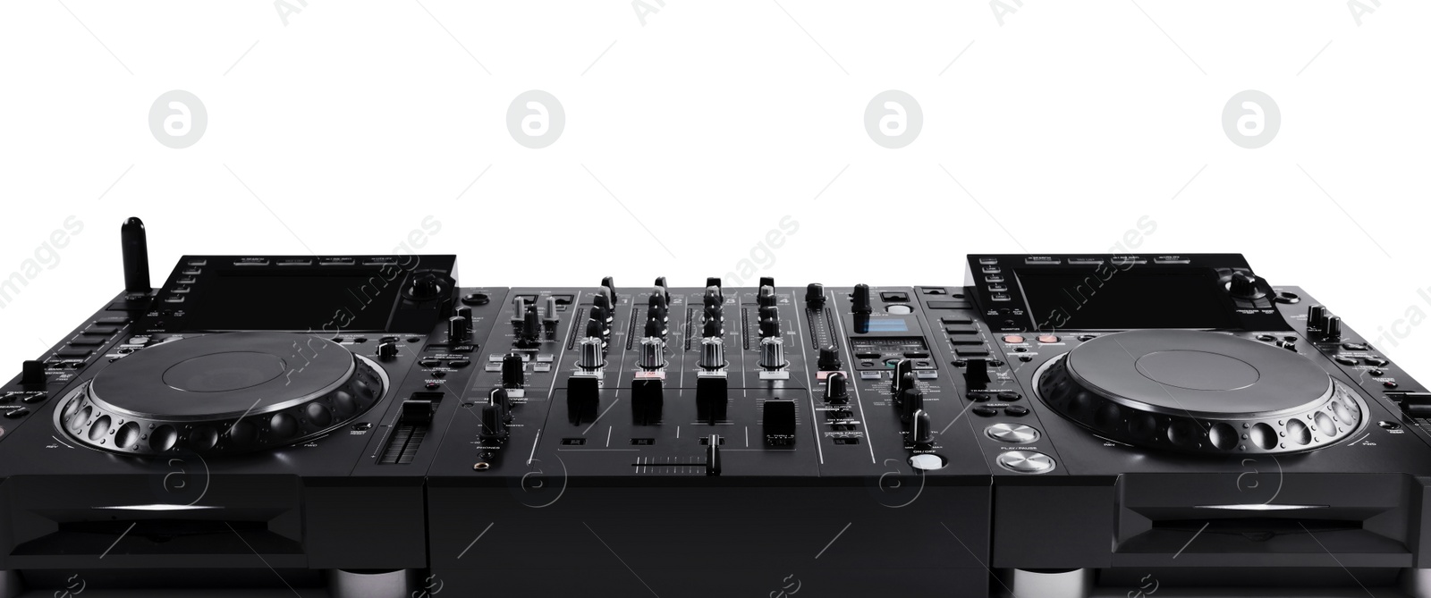 Photo of Modern DJ controller on white background, closeup
