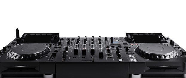 Photo of Modern DJ controller on white background, closeup
