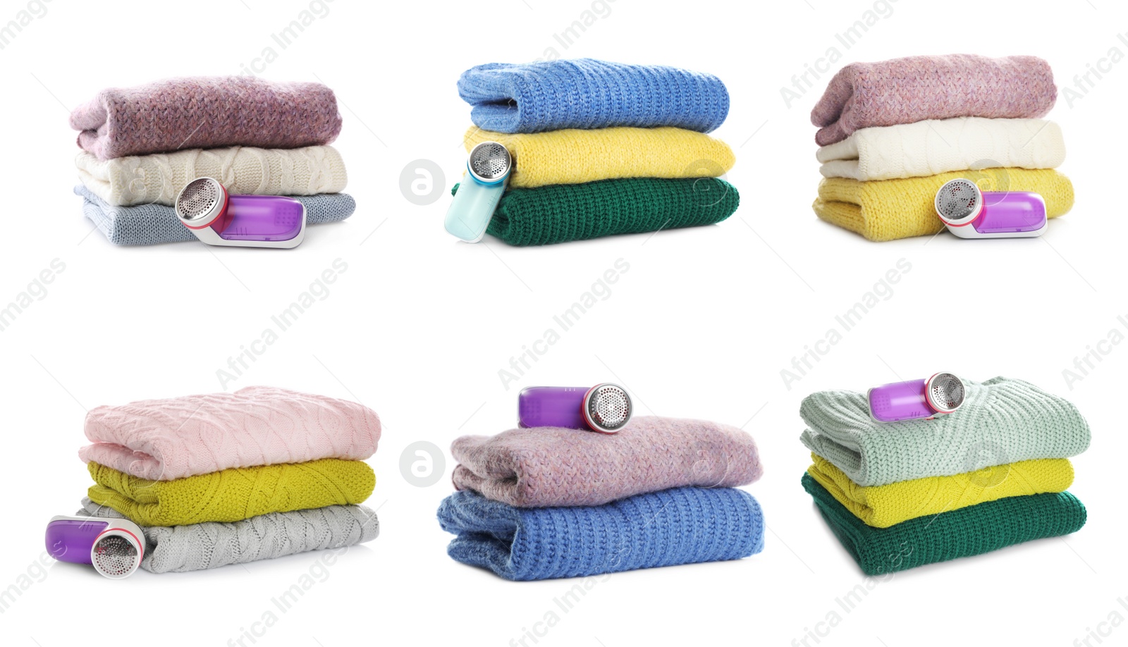 Image of Fabric shavers and woolen clothes on white background, collage 