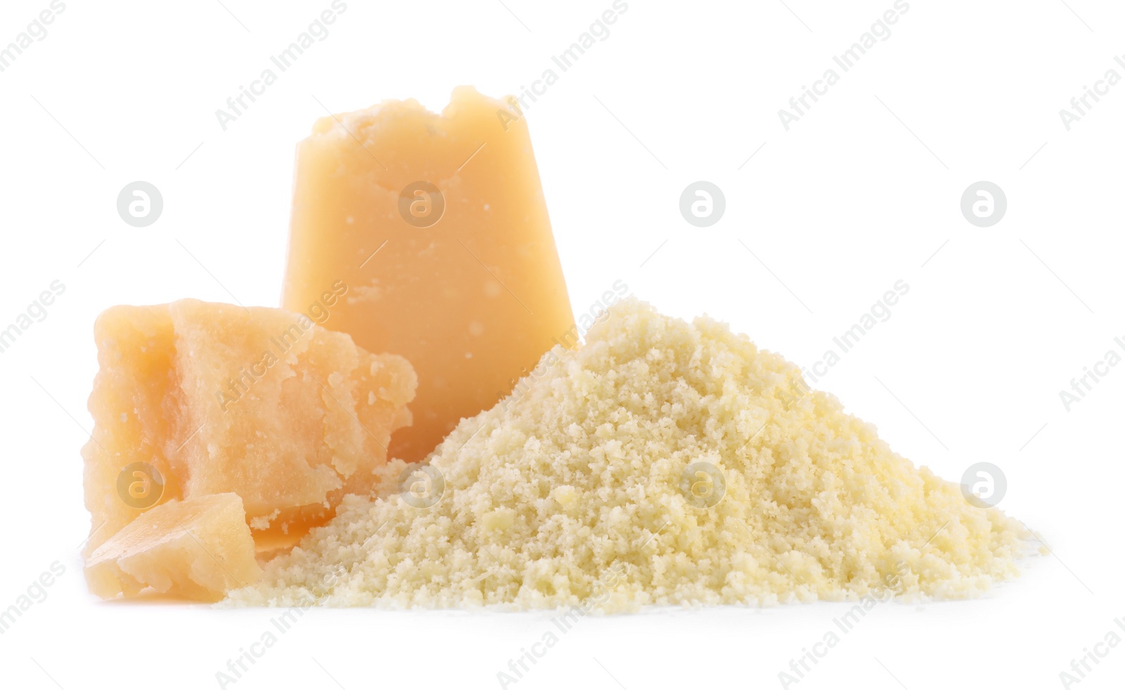 Photo of Delicious grated parmesan cheese on white background