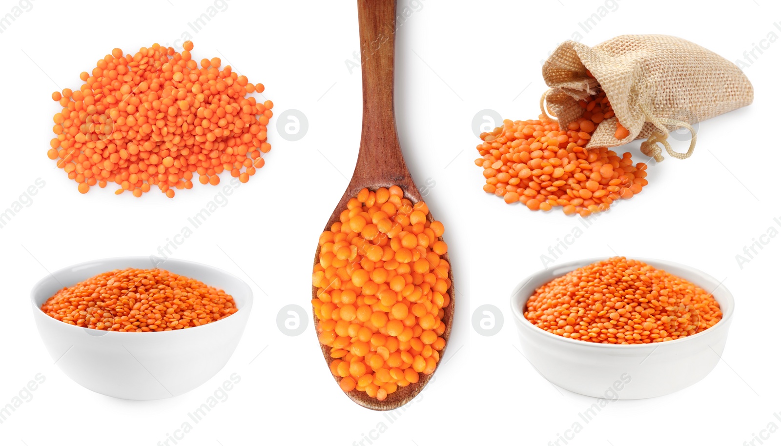 Image of Raw red lentils on white background, set