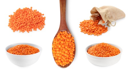 Image of Raw red lentils on white background, set