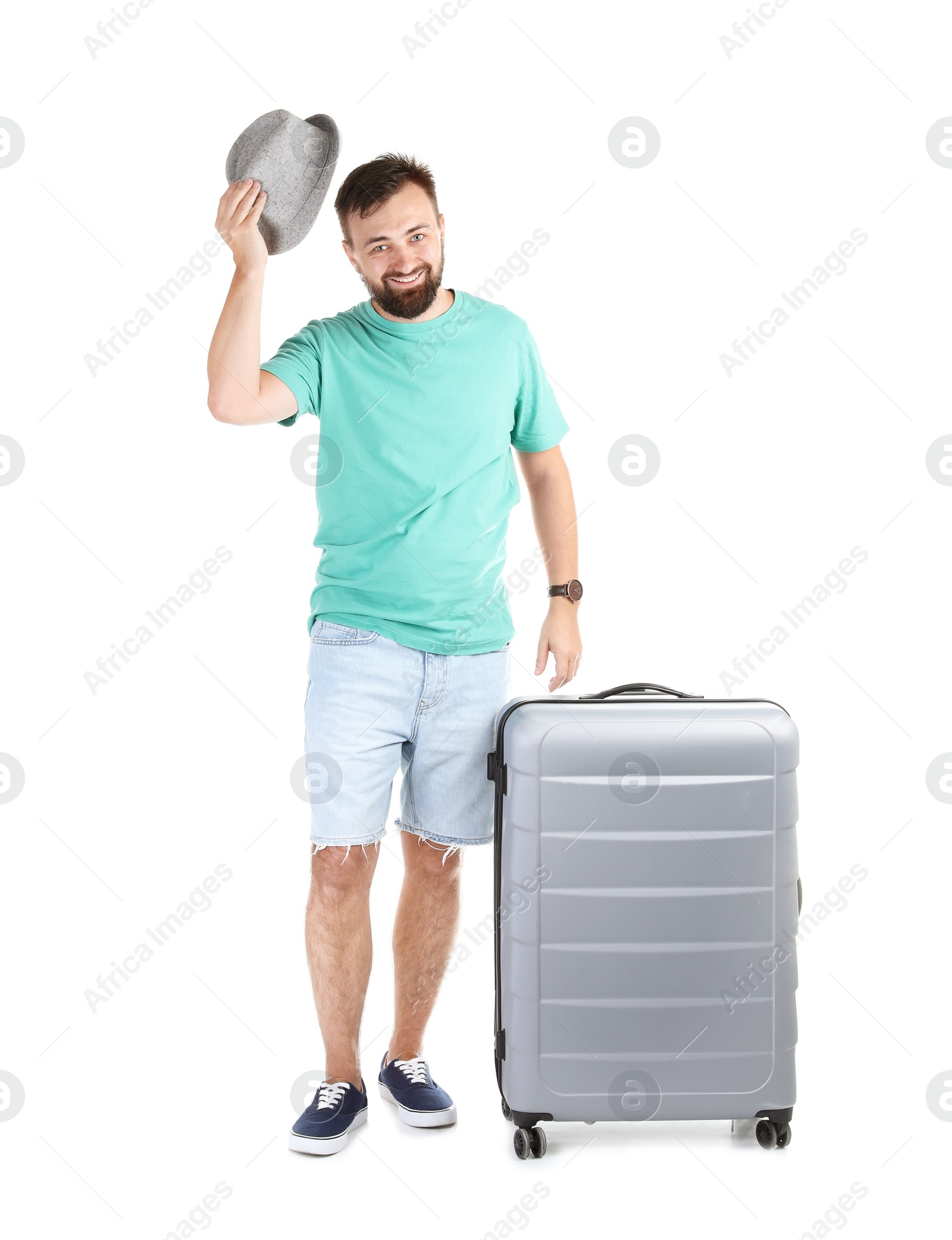 Photo of Man with suitcase on white background. Vacation travel