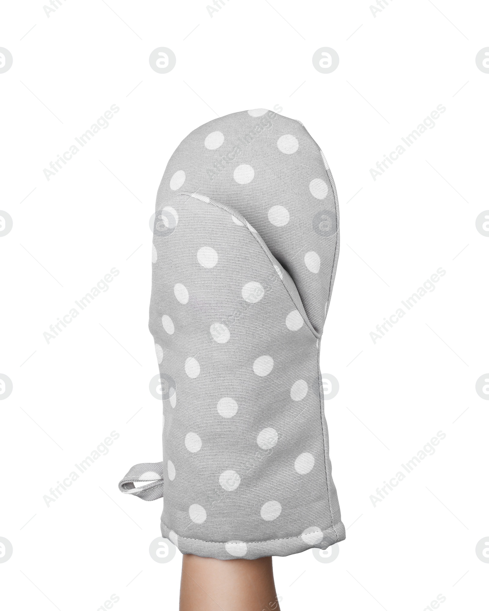 Photo of Chef in oven glove on white background, closeup