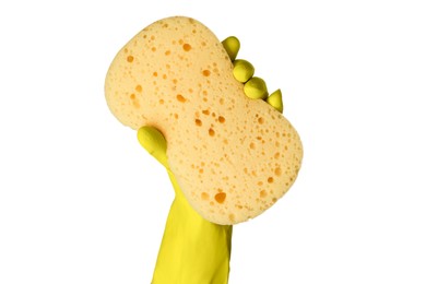 Photo of Cleaner in rubber glove holding new yellow sponge on white background, closeup