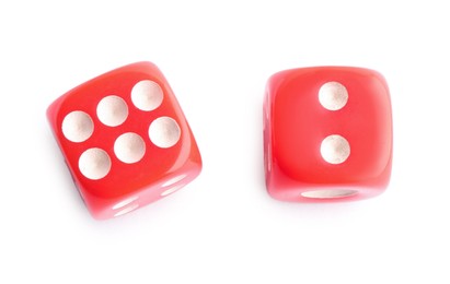 Two red game dices isolated on white, top view