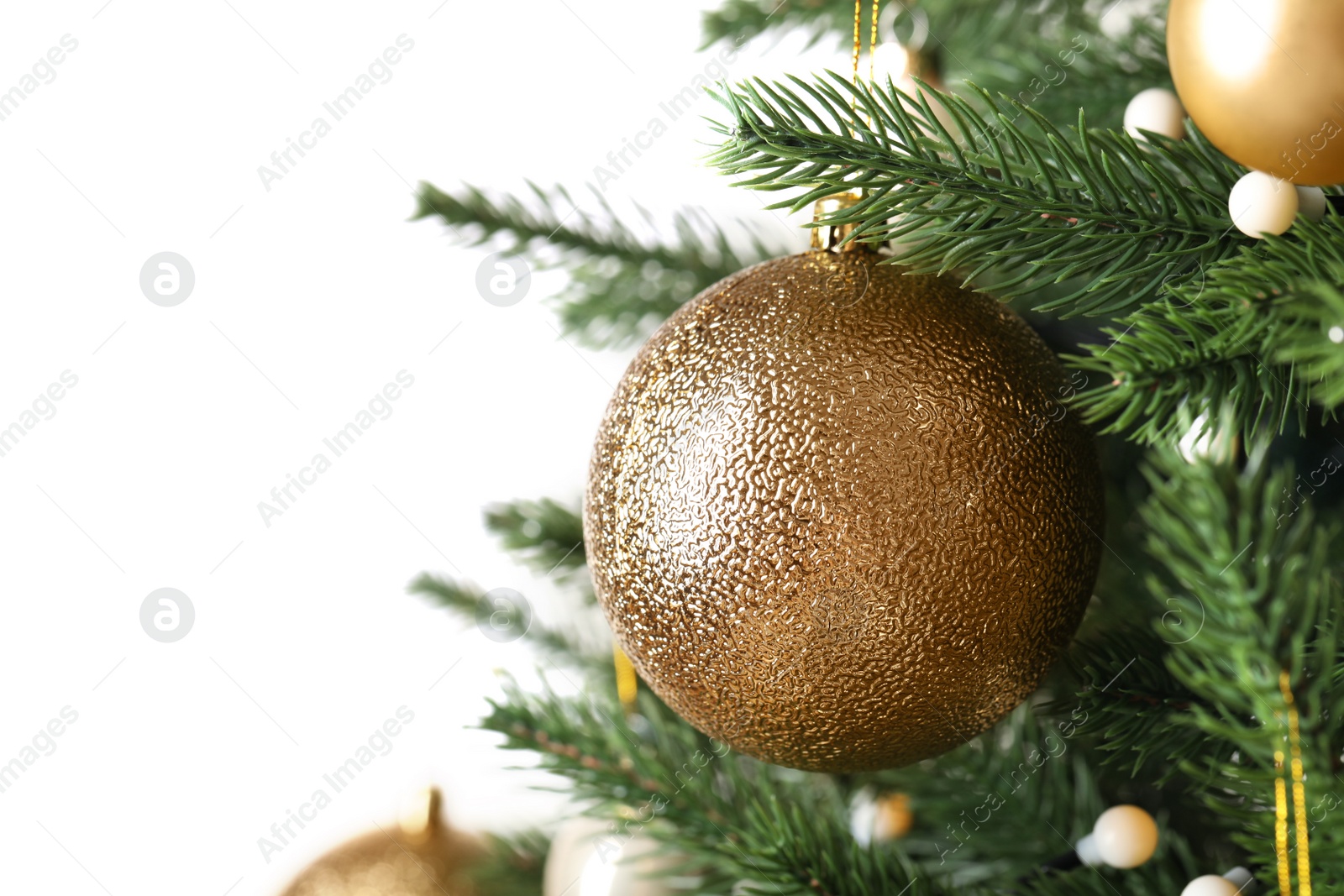 Photo of Beautiful Christmas tree with festive decor on white background, closeup