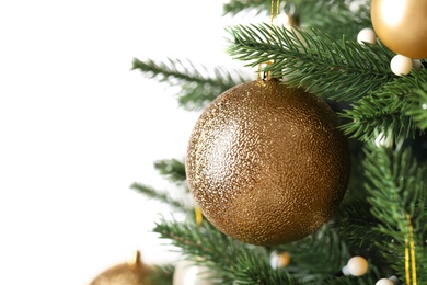 Beautiful Christmas tree with festive decor on white background, closeup