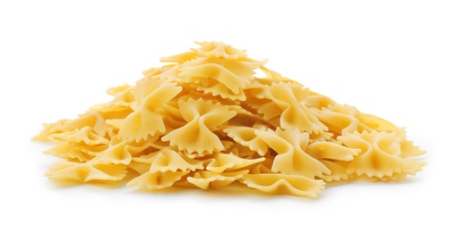 Uncooked farfalle pasta on white background