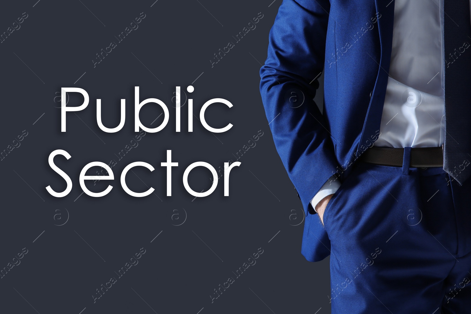 Image of Public Sector. Businessman on dark background, closeup view