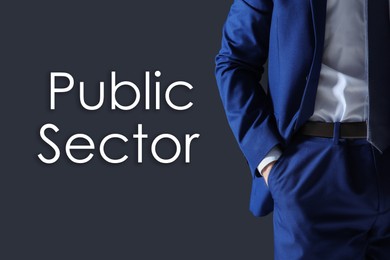 Image of Public Sector. Businessman on dark background, closeup view