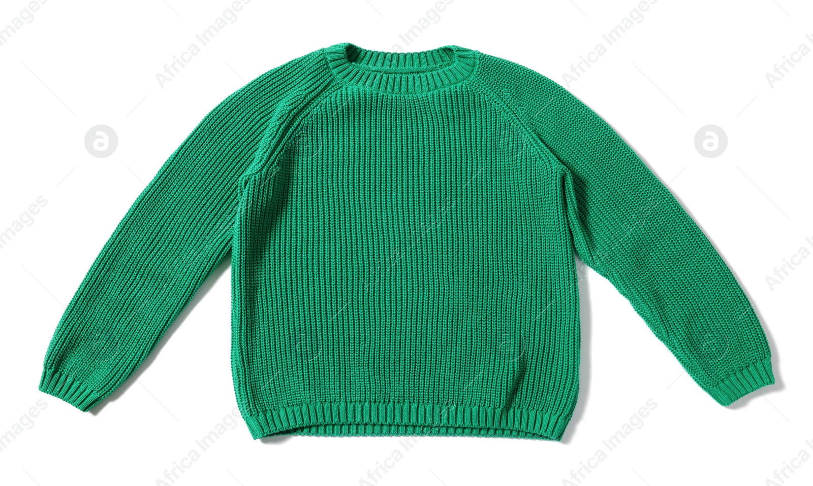 Photo of Stylish green knitted sweater isolated on white, top view