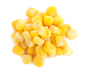 Photo of Pile of delicious canned corn isolated on white, top view