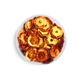 Photo of Orange sequins on white background, top view