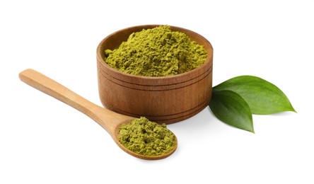 Photo of Henna powder in bowl, spoon and green leaves isolated on white