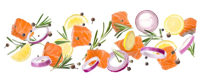 Image of Pieces of delicious fresh raw salmon and different spices on white background. Banner design 